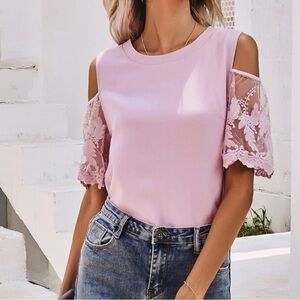 Cold shoulder embroidery mesh sleeve Blouse S